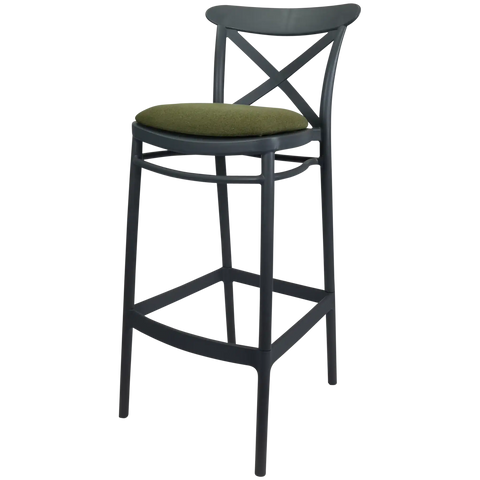 Cross Back Barstool In Anthracite With Olive Green Seat Pad, Viewed From Angle