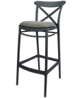 Cross Back Barstool In Anthracite With Taupe Seat Pad, Viewed From Angle