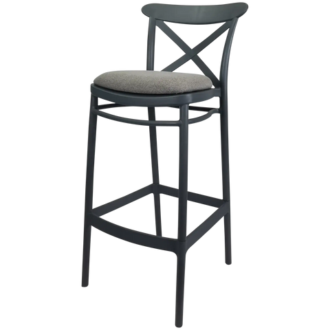 Cross Back Barstool In Anthracite With Taupe Seat Pad, Viewed From Angle