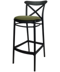 Cross Back Barstool In Black With Olive Green Seat Pad, Viewed From Angle