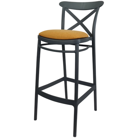 Cross Back Barstool In Anthracite With Orange Seat Pad, Viewed From Angle