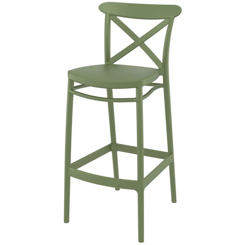 Cross Bar Stool By Siesta In Olive Green, Viewed From Angle In Front