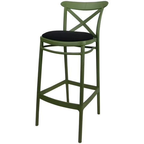 Cross Bar Stool By Siesta In Olive Green With 1 Seat Pad, Viewed From Angle