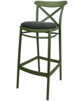 Cross Bar Stool By Siesta In Olive Green With 4 Seat Pad, Viewed From Angle