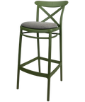 Cross Bar Stool By Siesta In Olive Green With 5 Seat Pad, Viewed From Angle