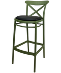 Cross Bar Stool By Siesta In Olive Green With 6 Seat Pad, Viewed From Angle