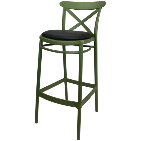 Cross Bar Stool By Siesta In Olive Green With 6 Seat Pad, Viewed From Angle