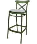 Cross Bar Stool By Siesta In Olive Green With 7 Seat Pad, Viewed From Angle