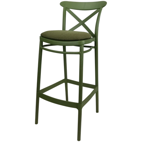 Cross Bar Stool By Siesta In Olive Green With Olive Green Seat Pad, Viewed From Angle