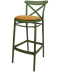 Cross Bar Stool By Siesta In Olive Green With Orange Seat Pad, Viewed From Angle