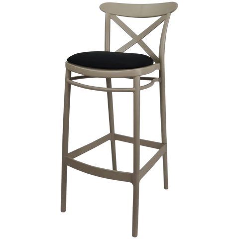 Cross Bar Stool By Siesta In Taupe With 1 Seat Pad, Viewed From Angle