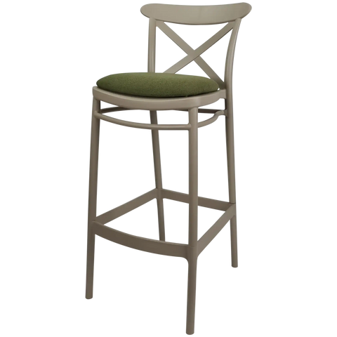 Cross Bar Stool By Siesta In Taupe With 2 Seat Pad, Viewed From Angle