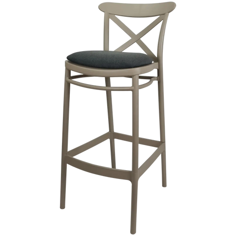 Cross Bar Stool By Siesta In Taupe With 4 Seat Pad, Viewed From Angle
