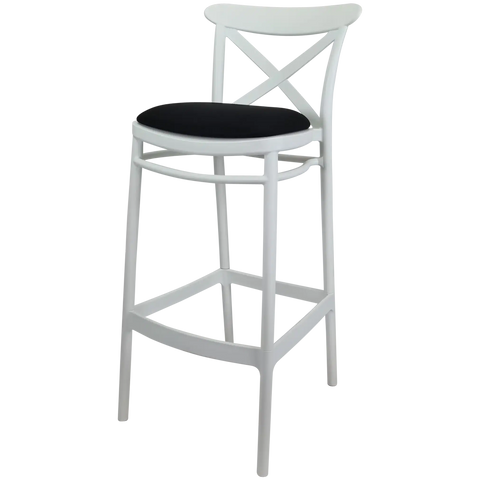 Cross Bar Stool By Siesta In White With 1 Seat Pad, Viewed From Angle