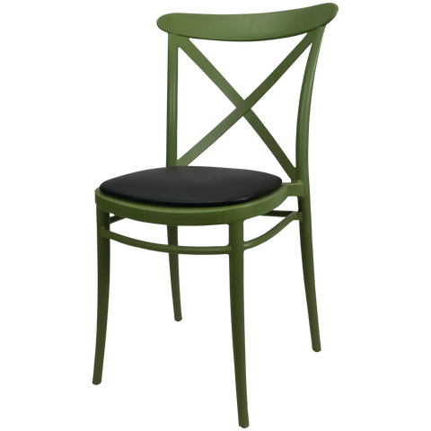 Cross Chair By Siesta In Olive Green With Black Vinyl Seat Pad, Viewed From Angle