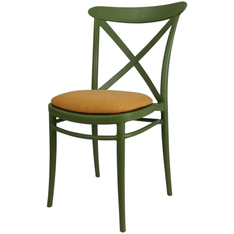 Cross Chair By Siesta In Olive Green With Orange Seat Pad, Viewed From Angle