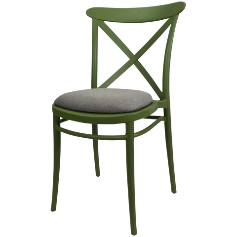 Cross Chair By Siesta In Olive Green With Taupe Seat Pad, Viewed From Angle