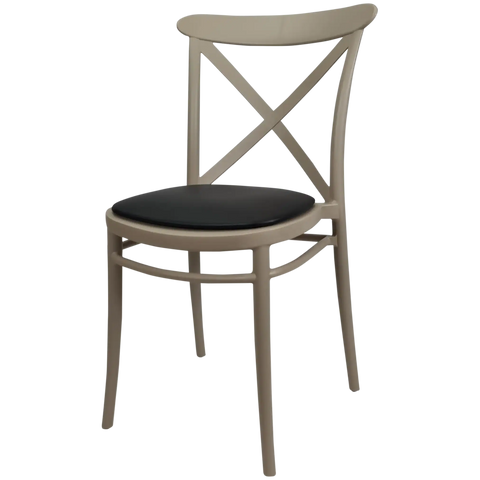 Cross Chair By Siesta In Taupe With Black Vinyl Seat Pad, Viewed From Angle