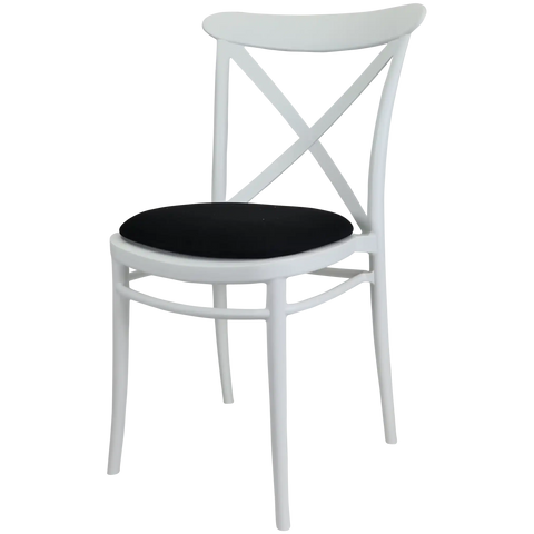 Cross Chair By Siesta In White With Black Seat Pad, Viewed From Angle