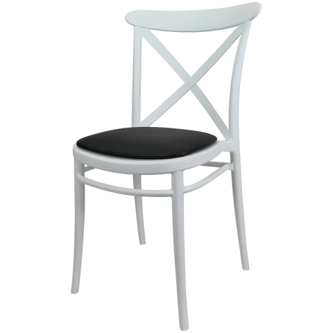 Cross Chair By Siesta In White With Black Vinyl Seat Pad, Viewed From Angle