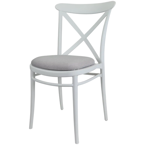 Cross Chair By Siesta In White With Light Grey Seat Pad, Viewed From Angle