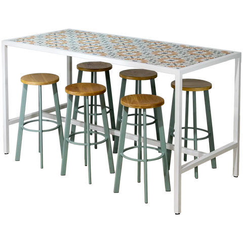 Custom Tiled Richmond Bar Table In White Powder Coat With Custom Powder Coated Nika Bar Stools, Viewed From Angle In Front