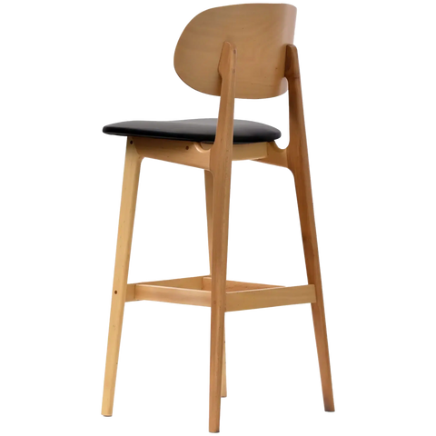 Dan Bar Stool With Backrest In Natural Timber With Black Vinyl Seat, Viewed From Back Angle