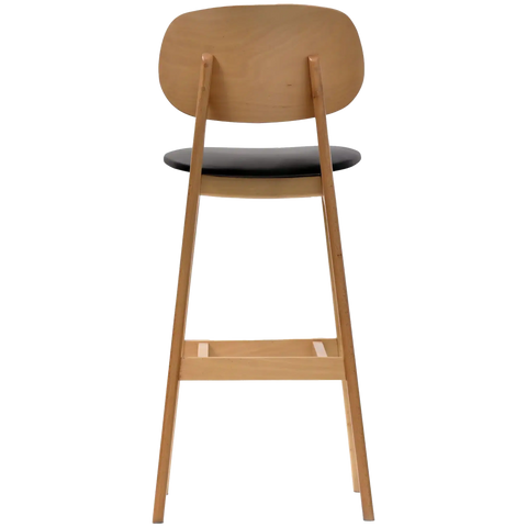Dan Bar Stool With Backrest In Natural Timber With Black Vinyl Seat, Viewed From Back