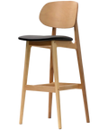 Dan Bar Stool With Backrest In Natural With Black Vinyl Seat, Viewed From Front Angle