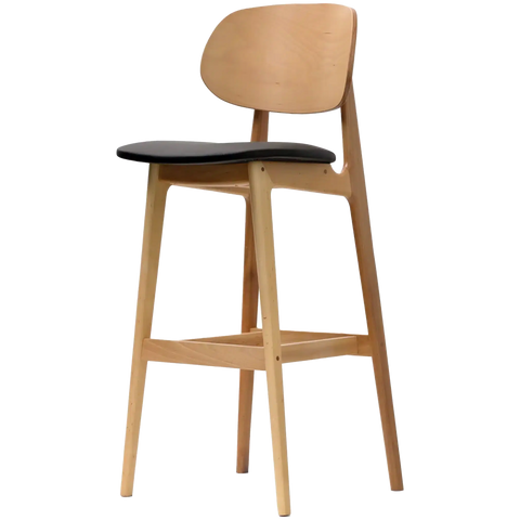 Dan Bar Stool With Backrest In Natural With Black Vinyl Seat, Viewed From Front Angle