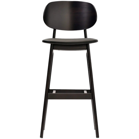 Dan Bar Stool With Backrest In Wenge Timber With Black Vinyl Seat, Viewed From Front Angle
