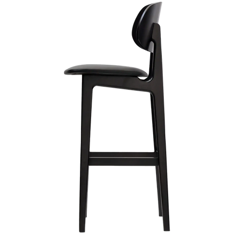 Dan Bar Stool With Backrest In Wenge Timber With Black Vinyl Seat, Viewed From Side Angle