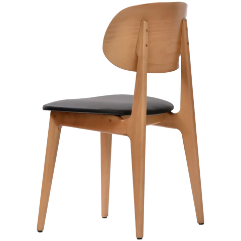 Dan Dining Chair In Natural Timber With Black Vinyl Seat, Viewed From Back Angle
