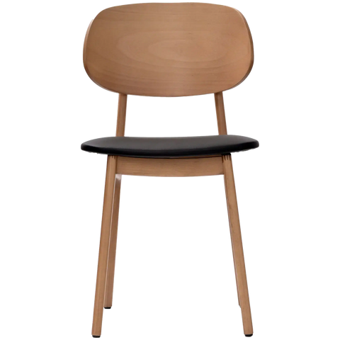 Dan Dining Chair In Natural Timber With Black Vinyl Seat, Viewed From Front