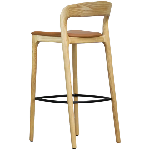 Idalia Barstool With Back Natural Frame Tan Vinyl Seat, Viewed From Back On Angle