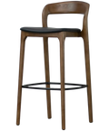 Idalia Barstool With Back Walnut Frame Black Vinyl Seat, Viewed From Front On Angle