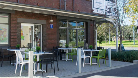 Waverley Side Chairs and Cross Table Bases In Outside Dining At Jarmers Kitchen 