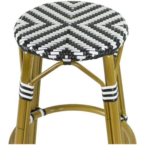 Jasmine Bar Stool No Back Black And White Cross Weave, Viewed Close In Front