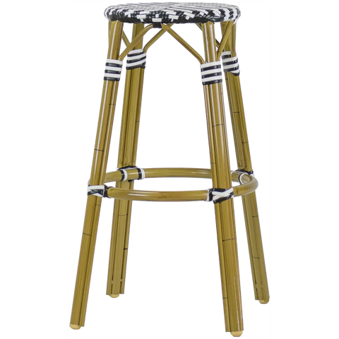 Jasmine Bar Stool No Back Black And White Cross Weave, Viewed On Angle In Front
