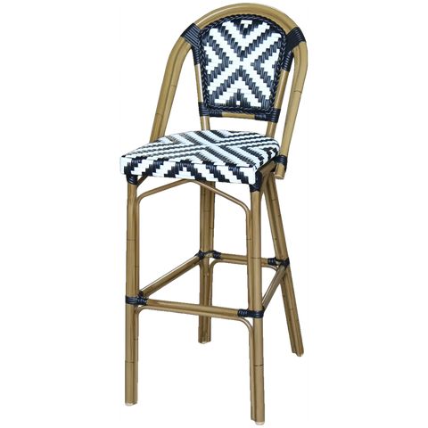 Jasmine Barstool With Backrest In Black And White Cross, Viewed From Front Angle