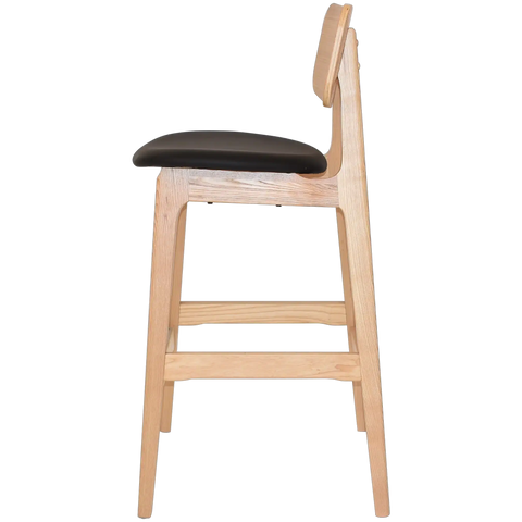 Jonah Bar Stool In Natural Frame And Black Vinyl Seat Pad Viewed From Side