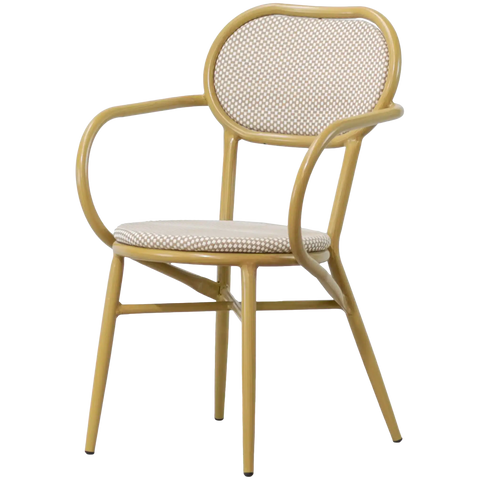 Josephine Armchair With Oak Look Frame And Champagne Texteline Seat And Back, Viewed From Angle In Front