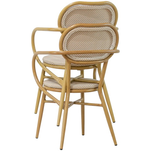 Josephine Armchairs Stacked With Oak Look Frame And Champagne Texteline Seat And Back, Viewed From Back