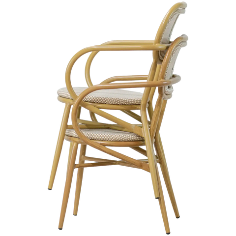 Josephine Armchairs Stacked With Oak Look Frame And Champagne Texteline Seat And Back, Viewed From Side