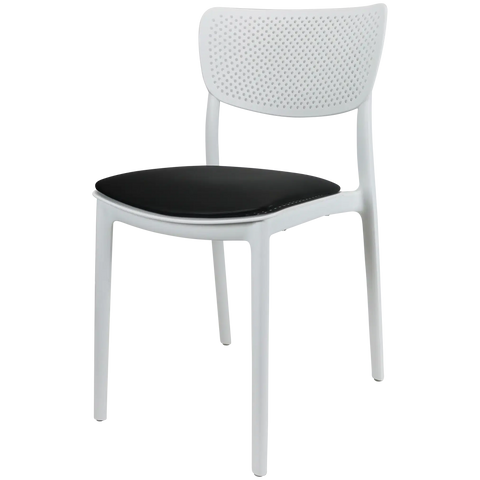 Lucy Chair By Siesta In White With Black Vinyl Seat Pad, Viewed From Angle