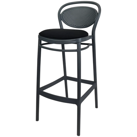 Marcel Bar Stool By Siesta In Anthracite With Black Seat Pad, Viewed From Angle