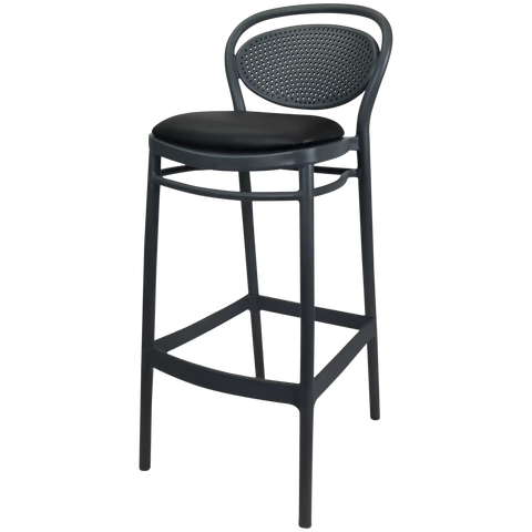 Marcel Bar Stool By Siesta In Anthracite With Black Vinyl Seat Pad, Viewed From Angle
