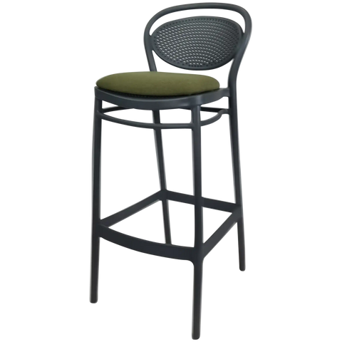 Marcel Bar Stool By Siesta In Anthracite With Olive Green Seat Pad, Viewed From Angle