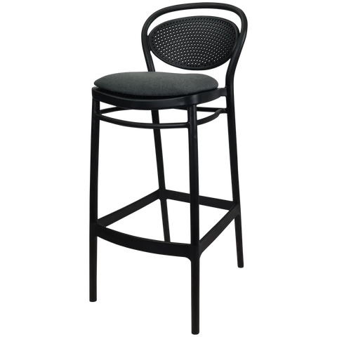 Marcel Bar Stool By Siesta In Black With Anthracite Seat Pad, Viewed From Angle