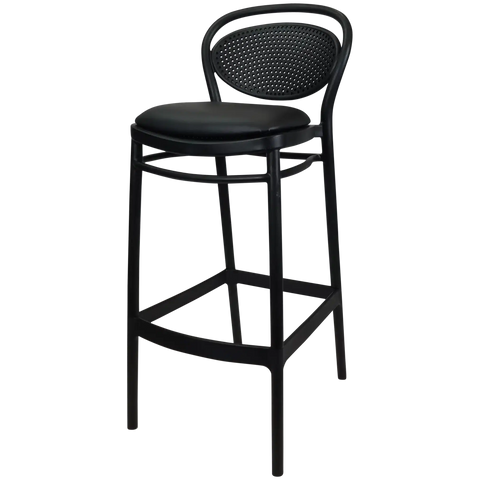 Marcel Bar Stool By Siesta In Black With Black Vinyl Seat Pad, Viewed From Angle